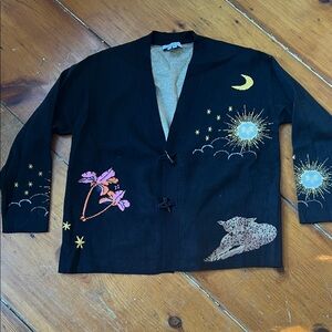 Never Fully Dressed Black Cardigan with Celestial and Floral Embroidery